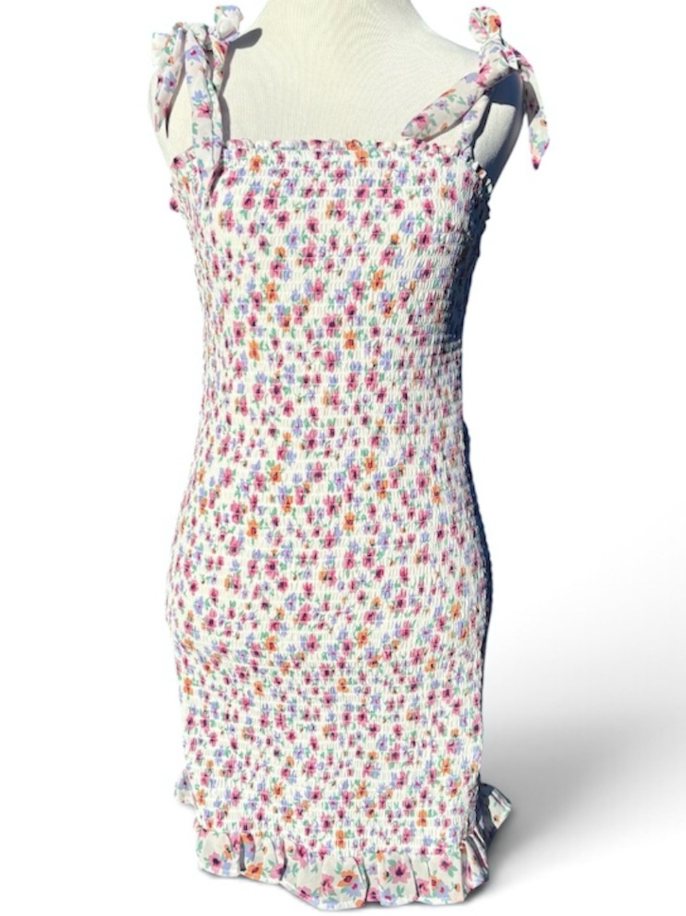 Jessica White Floral Smocked Mini Dress with Pink & Multicolor Print